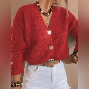 Cozy Red Heart Button Sweater